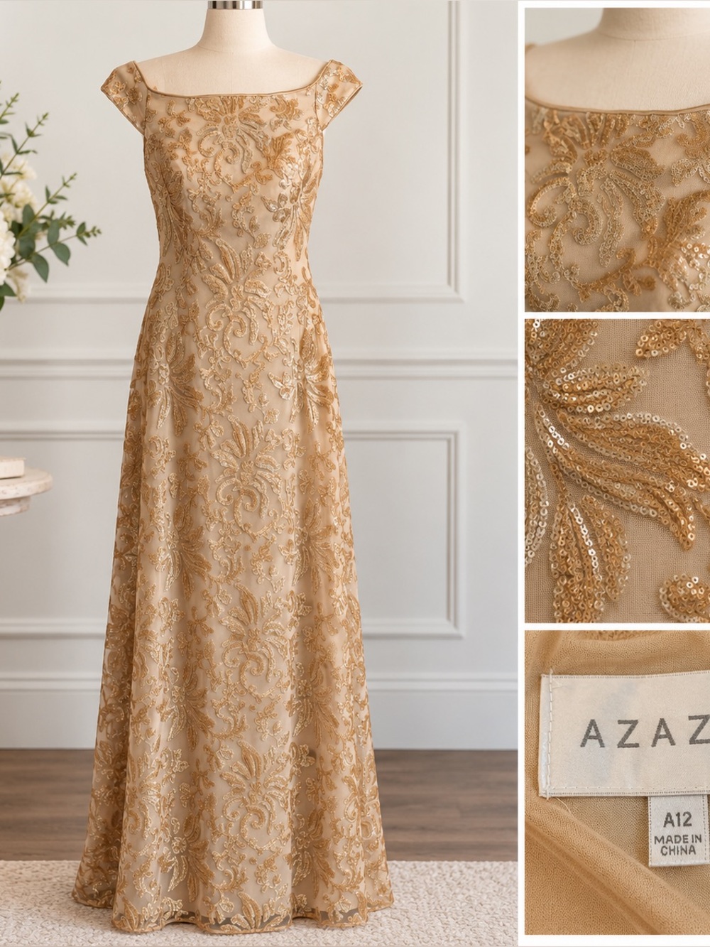 Azazie Cream Gown with Gold Embroidery